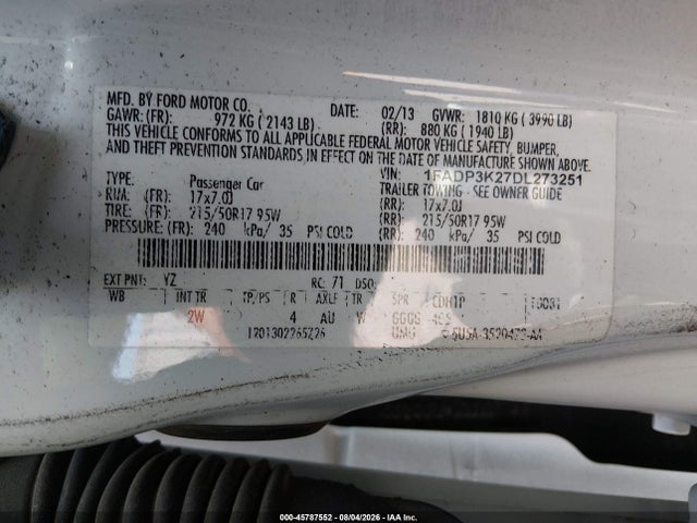 45787552 :رقم المزاد ، 1FADP3K27DL273251 vin ، 2013 Ford Focus Se مزاد بيع