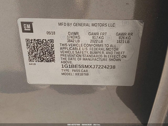 1G1BE5SMXJ7224238 Chevrolet Cruze Lt Auto