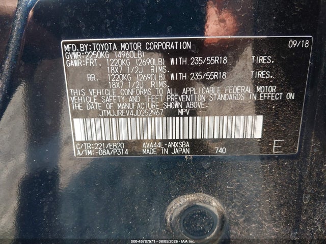 45787571 :رقم المزاد ، JTMJJREV4JD252967 vin ، 2018 Toyota Rav4 Hybrid Se مزاد بيع