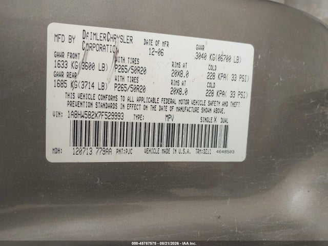 45787575 :رقم المزاد ، 1A8HW582X7F529993 vin ، 2007 Chrysler Aspen Limited مزاد بيع