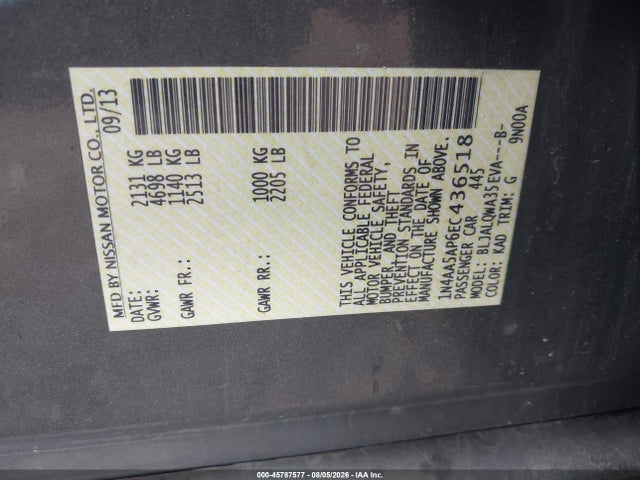 2014 Nissan Maxima 3.5 S მანქანა იყიდება აუქციონზე, vin: 1N4AA5AP6EC436518, აუქციონის ნომერი: 45787577