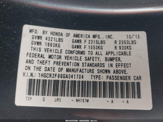 45787589 :رقم المزاد ، 1HGCR2F86GA041704 vin ، 2016 Honda Accord Ex-l مزاد بيع