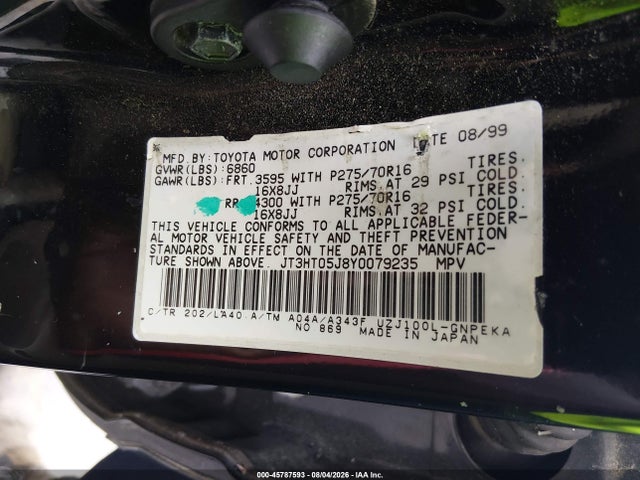 45787593 :رقم المزاد ، JT3HT05J8Y0079235 vin ، 2000 Toyota Land Cruiser مزاد بيع