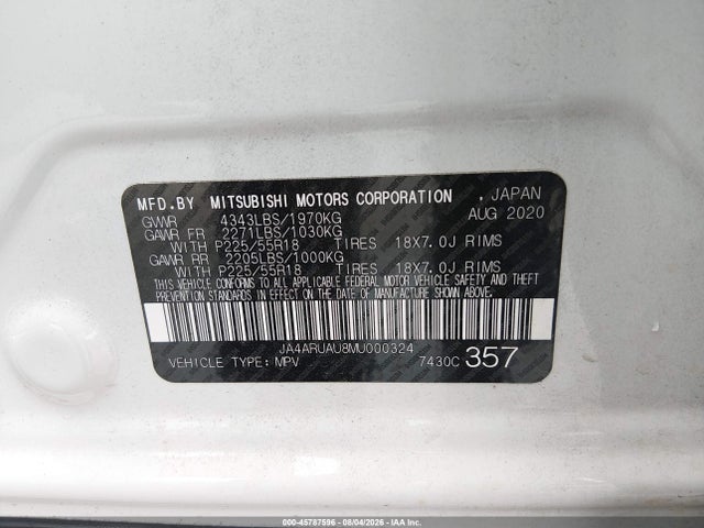 45787596 :رقم المزاد ، JA4ARUAU8MU000324 vin ، 2021 Mitsubishi Outlander Sport 2.0 Es Awc مزاد بيع