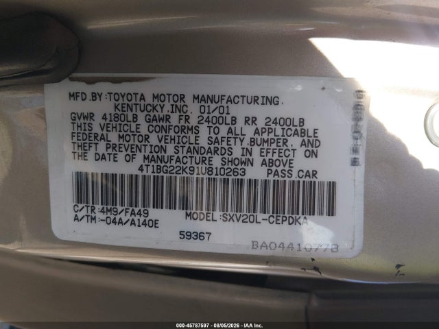 Aukcja sprzedaży 2001 Toyota Camry Ce, vin: 4T1BG22K91U810263, numer aukcji: 45787597