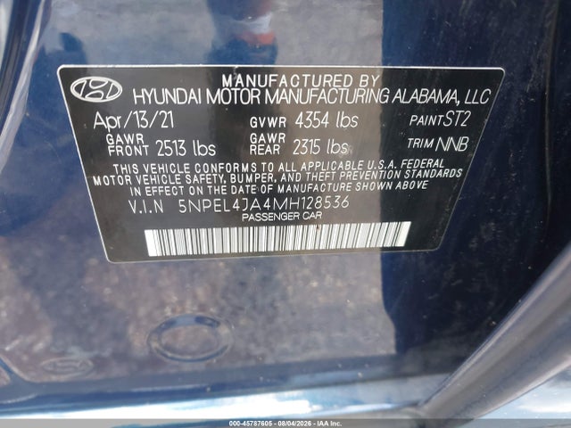 2021 Hyundai Sonata Sel მანქანა იყიდება აუქციონზე, vin: 5NPEL4JA4MH128536, აუქციონის ნომერი: 45787605