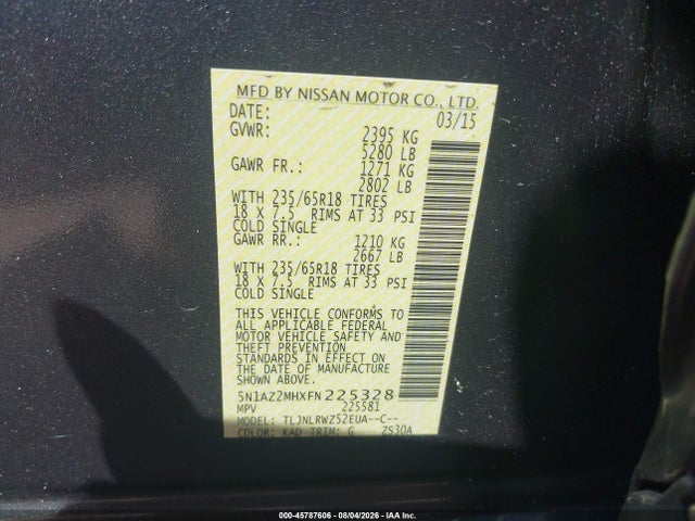 Продаж на аукціоні авто 2015 Nissan Murano Sl, vin: 5N1AZ2MHXFN225328, номер лоту: 45787606