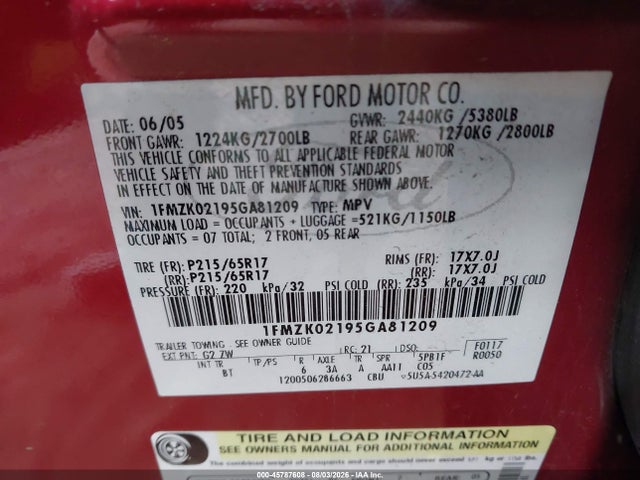 2005 Ford Freestyle Sel მანქანა იყიდება აუქციონზე, vin: 1FMZK02195GA81209, აუქციონის ნომერი: 45787608