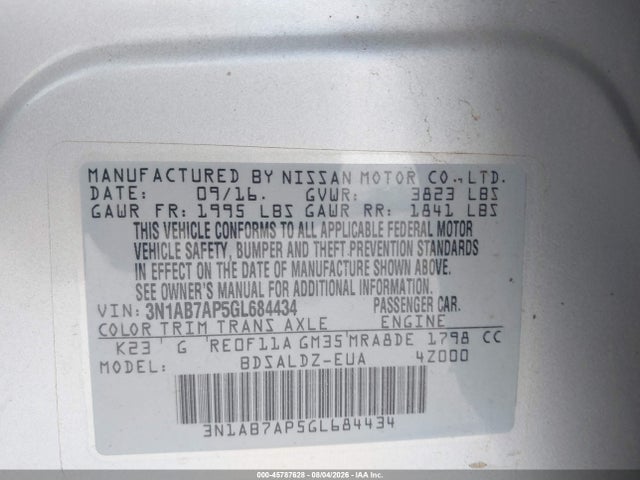 Продажа на аукционе авто 2016 Nissan Sentra Sv, vin: 3N1AB7AP5GL684434, номер лота: 45787628