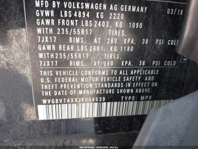 45787630 :رقم المزاد ، WVGBV7AXXJK004539 vin ، 2018 Volkswagen Tiguan Limited 2.0t مزاد بيع