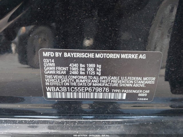 45787634 :رقم المزاد ، WBA3B1C55EP679876 vin ، 2014 Bmw 320i مزاد بيع