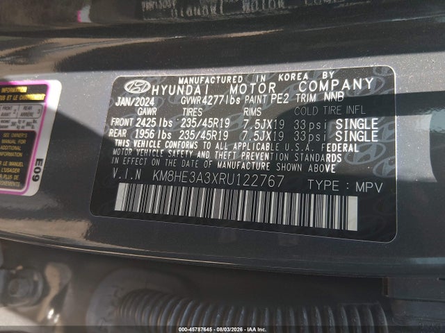 Aukcja sprzedaży 2024 Hyundai Kona Limited, vin: KM8HE3A3XRU122767, numer aukcji: 45787645