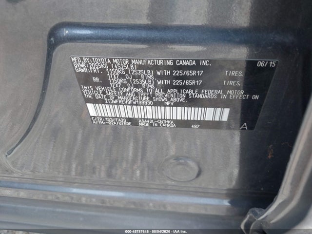 2015 Toyota Rav4 Xle მანქანა იყიდება აუქციონზე, vin: 2T3WFREV9FW199930, აუქციონის ნომერი: 45787646