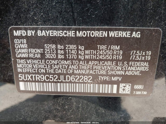 45787648 :رقم المزاد ، 5UXTR9C52JLD62282 vin ، 2018 Bmw X3 Xdrive30i مزاد بيع