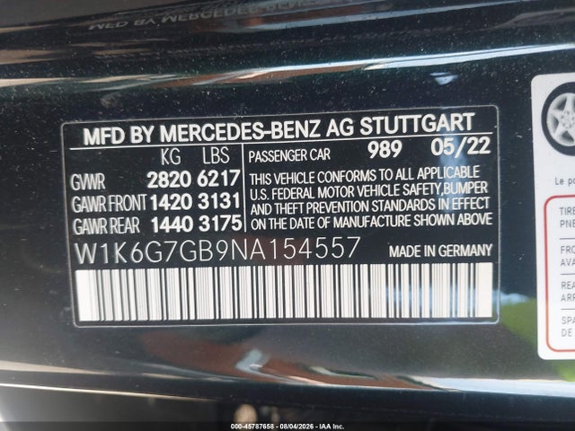 Aukcja sprzedaży 2022 Mercedes-benz S 580 4matic, vin: W1K6G7GB9NA154557, numer aukcji: 45787658