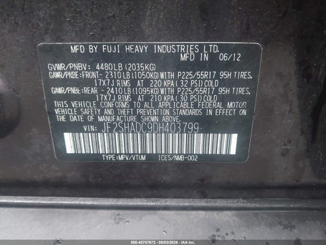 2013 Subaru Forester 2.5x Premium მანქანა იყიდება აუქციონზე, vin: JF2SHADC9DH403799, აუქციონის ნომერი: 45787672