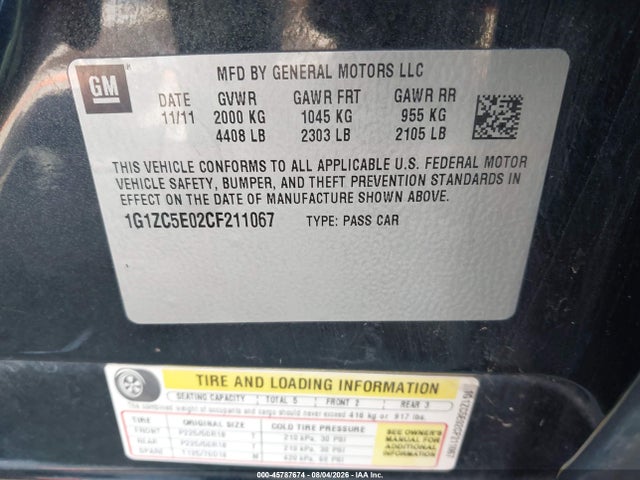Продажа на аукционе авто 2012 Chevrolet Malibu 1lt, vin: 1G1ZC5E02CF211067, номер лота: 45787674