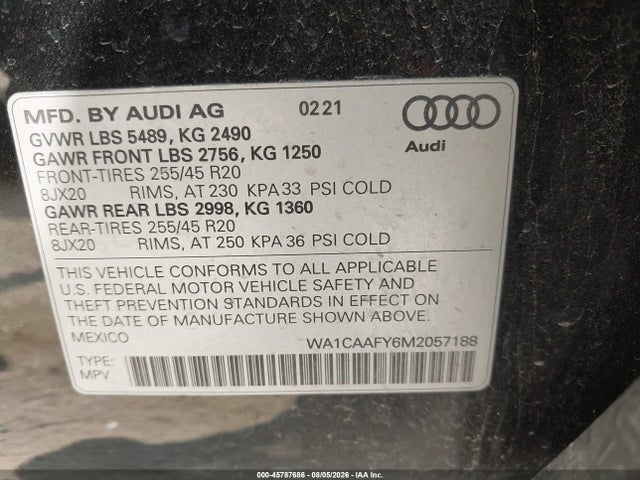Продажа на аукционе авто 2021 Audi Q5 Prestige 45 Tfsi Quattro S Tronic, vin: WA1CAAFY6M2057188, номер лота: 45787686