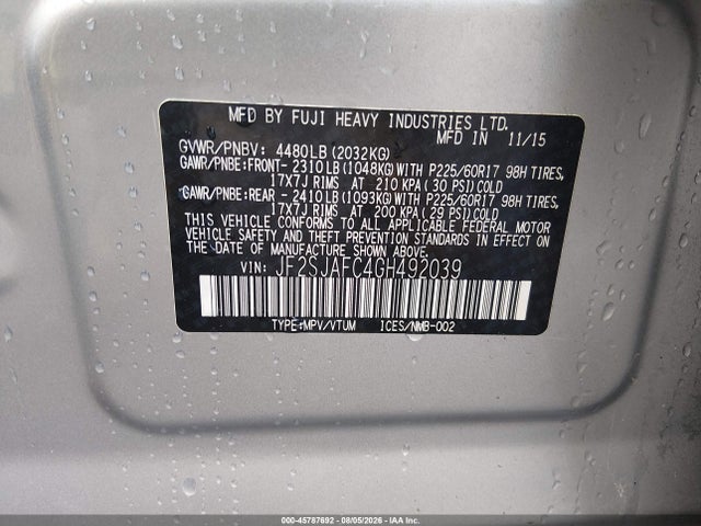 Продажа на аукционе авто 2016 Subaru Forester 2.5i Premium, vin: JF2SJAFC4GH492039, номер лота: 45787692