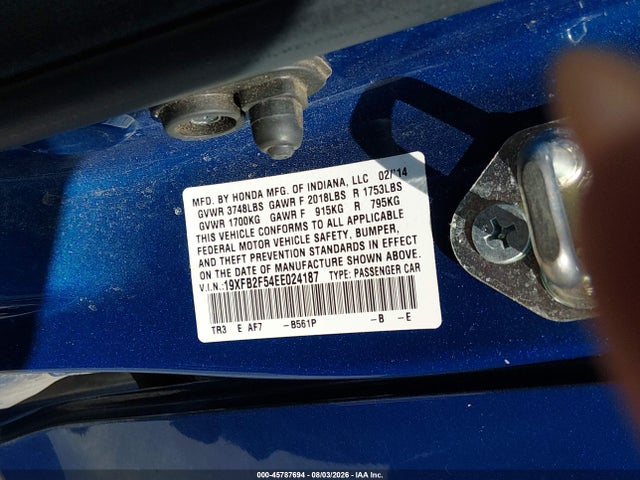 45787694 :رقم المزاد ، 19XFB2F54EE024187 vin ، 2014 Honda Civic Lx مزاد بيع