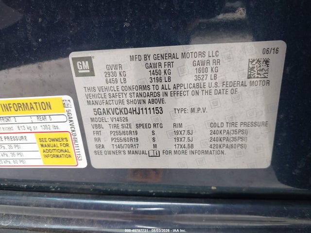2017 Buick Enclave Premium მანქანა იყიდება აუქციონზე, vin: 5GAKVCKD4HJ111153, აუქციონის ნომერი: 45787731