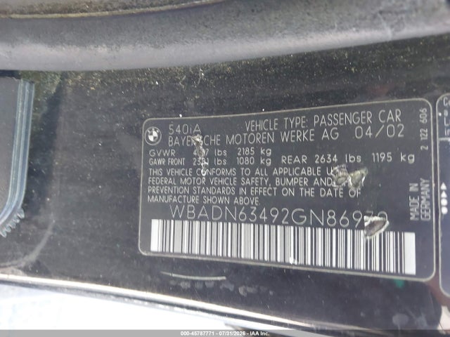 2002 Bmw 540ia მანქანა იყიდება აუქციონზე, vin: WBADN63492GN86970, აუქციონის ნომერი: 45787771