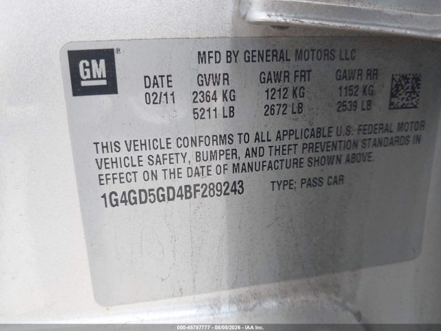 Продажа на аукционе авто 2011 Buick Lacrosse Cxl, vin: 1G4GD5GD4BF289243, номер лота: 45787777