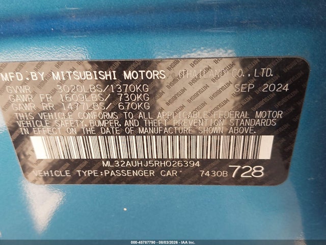 2024 Mitsubishi Mirage Es/le მანქანა იყიდება აუქციონზე, vin: ML32AUHJ5RH026394, აუქციონის ნომერი: 45787790