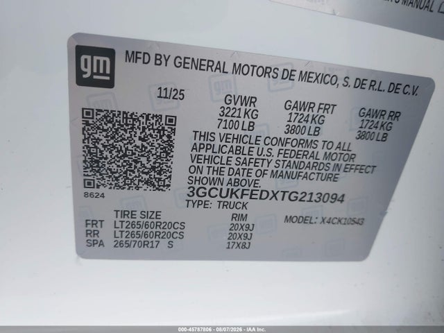 45787806 :رقم المزاد ، 3GCUKFEDXTG213094 vin ، 2026 Chevrolet Silverado 1500 مزاد بيع