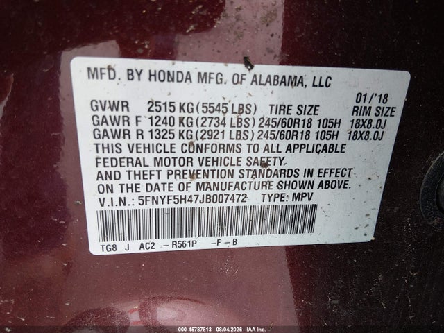 Продаж на аукціоні авто 2018 Honda Pilot Ex, vin: 5FNYF5H47JB007472, номер лоту: 45787813