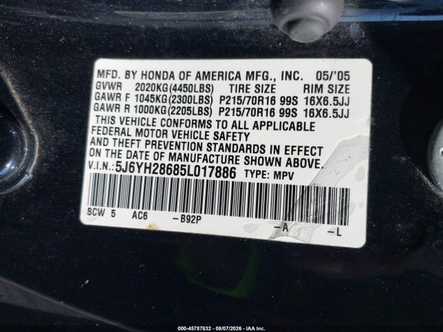 Aukcja sprzedaży 2005 Honda Element Ex, vin: 5J6YH28685L017886, numer aukcji: 45787832