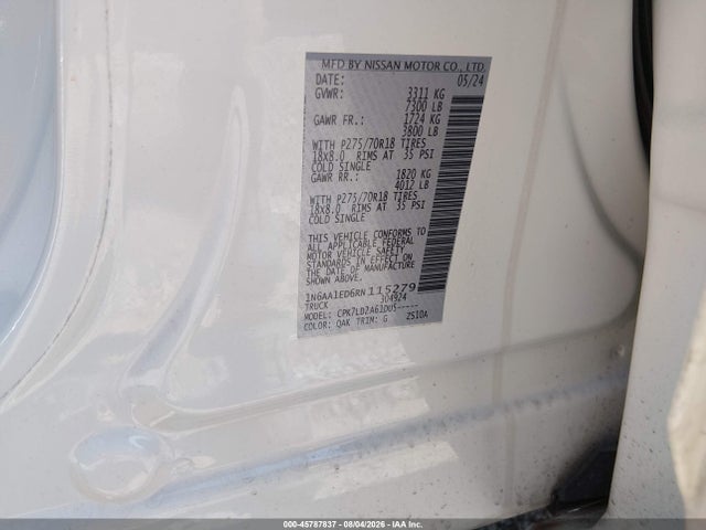 45787837 :رقم المزاد ، 1N6AA1ED6RN115279 vin ، 2024 Nissan Titan Pro-4x 4x4 مزاد بيع