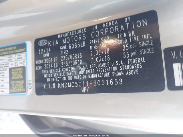 Продажа на аукционе авто 2015 Kia Sedona Sx, vin: KNDMC5C11F6051653, номер лота: 45787845