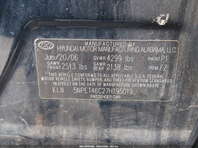 45787858 :رقم المزاد ، 5NPET46C27H195019 vin ، 2007 Hyundai Sonata Gls/gls W/xm مزاد بيع