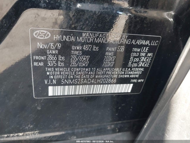 Продаж на аукціоні авто 2020 Hyundai Santa Fe Se, vin: 5NMS23AD4LH202866, номер лоту: 45787863