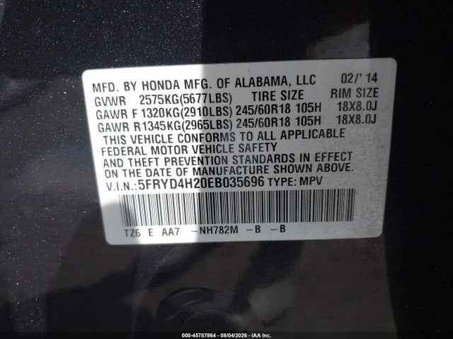 45787864 :رقم المزاد ، 5FRYD4H20EB035696 vin ، 2014 Acura Mdx مزاد بيع