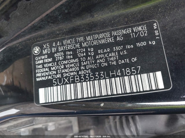 45787892 :رقم المزاد ، 5UXFB33533LH41857 vin ، 2003 Bmw X5 4.4i مزاد بيع