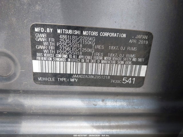 45787897 :رقم المزاد ، JA4AD2A38KZ051218 vin ، 2019 Mitsubishi Outlander Es مزاد بيع