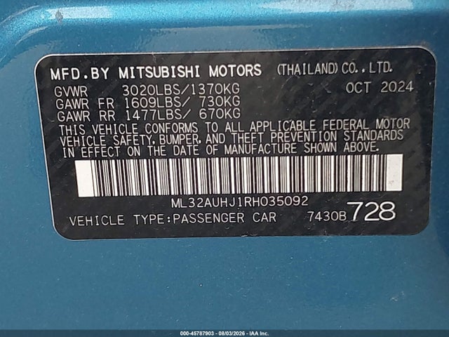 Aukcja sprzedaży 2024 Mitsubishi Mirage Es/le, vin: ML32AUHJ1RH035092, numer aukcji: 45787903