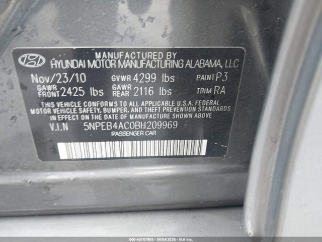 2011 Hyundai Sonata Gls მანქანა იყიდება აუქციონზე, vin: 5NPEB4AC0BH209969, აუქციონის ნომერი: 45787905