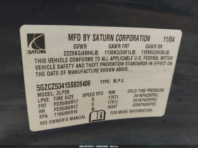 Продаж на аукціоні авто 2005 Saturn Vue V6, vin: 5GZCZ53415S828406, номер лоту: 45787911