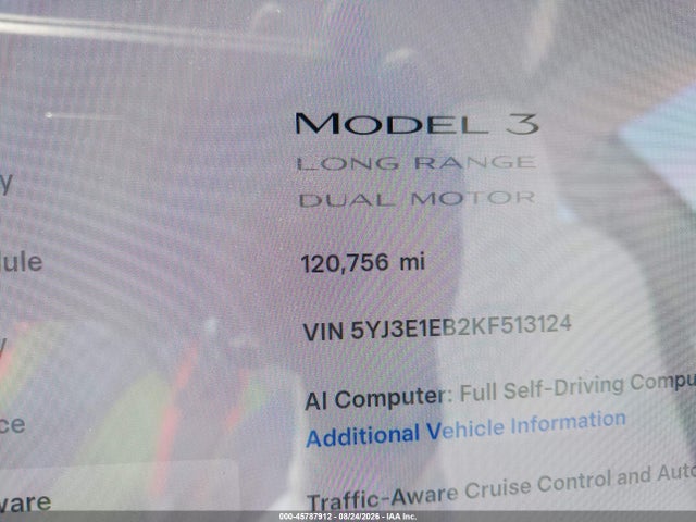 Продажа на аукционе авто 2019 Tesla Model 3 Long Range/performance, vin: 5YJ3E1EB2KF513124, номер лота: 45787912