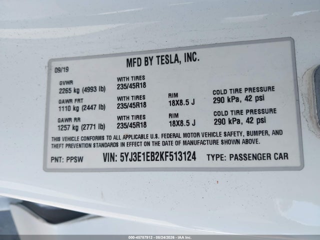 Продажа на аукционе авто 2019 Tesla Model 3 Long Range/performance, vin: 5YJ3E1EB2KF513124, номер лота: 45787912