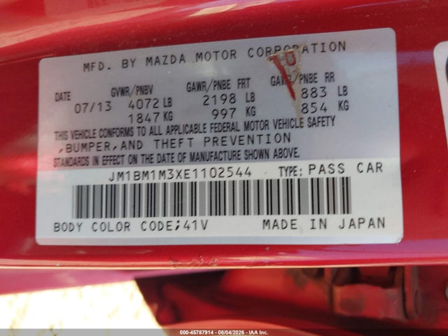 Aukcja sprzedaży 2014 Mazda Mazda3 S Grand Touring, vin: JM1BM1M3XE1102544, numer aukcji: 45787914