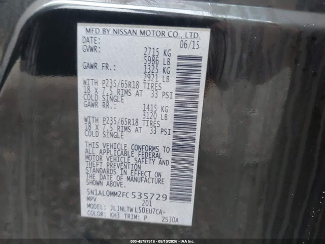 Продажа на аукционе авто 2015 Infiniti Qx60, vin: 5N1AL0MM2FC535729, номер лота: 45787916