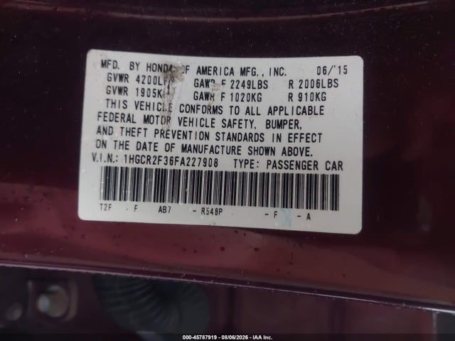 2015 Honda Accord Lx მანქანა იყიდება აუქციონზე, vin: 1HGCR2F36FA227908, აუქციონის ნომერი: 45787919