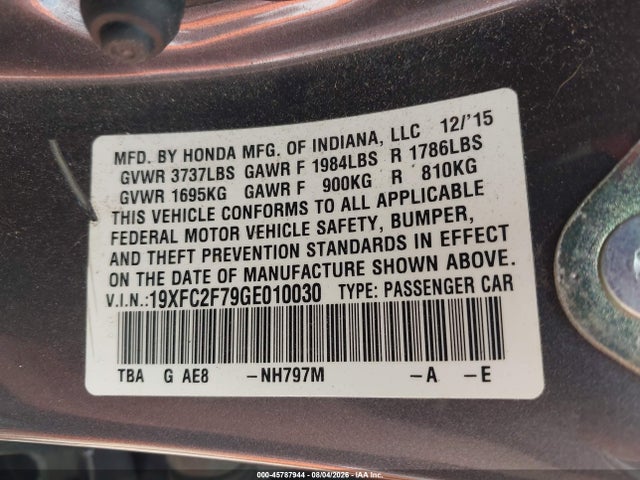 2016 Honda Civic Ex მანქანა იყიდება აუქციონზე, vin: 19XFC2F79GE010030, აუქციონის ნომერი: 45787944