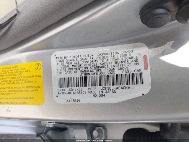 Aukcja sprzedaży 2001 Lexus Ls 430, vin: JTHBN30F010006025, numer aukcji: 45787947