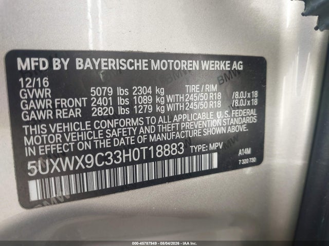 Aukcja sprzedaży 2017 Bmw X3 Xdrive28i, vin: 5UXWX9C33H0T18883, numer aukcji: 45787949