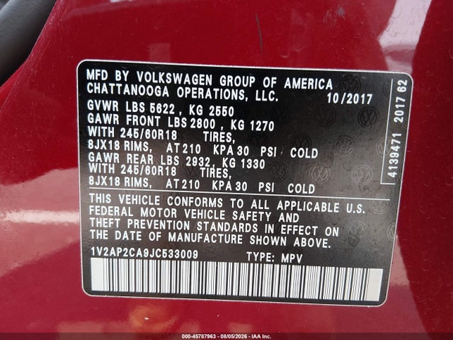 Aukcja sprzedaży 2018 Volkswagen Atlas 2.0t S, vin: 1V2AP2CA9JC533009, numer aukcji: 45787963